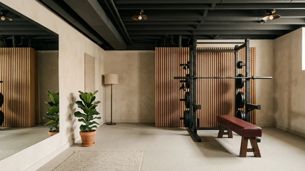 Finished basement gym with joists and ducts painted charcoal, an oak slat screen hiding the mechanicals, a black rack and a full-height mirror