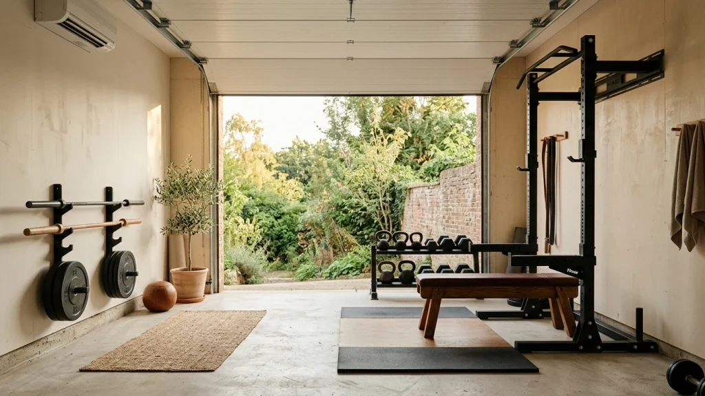 Converted garage gym with the sectional door rolled up to a green garden, plywood-lined walls, a wall rack, kettlebells and a mini-split unit