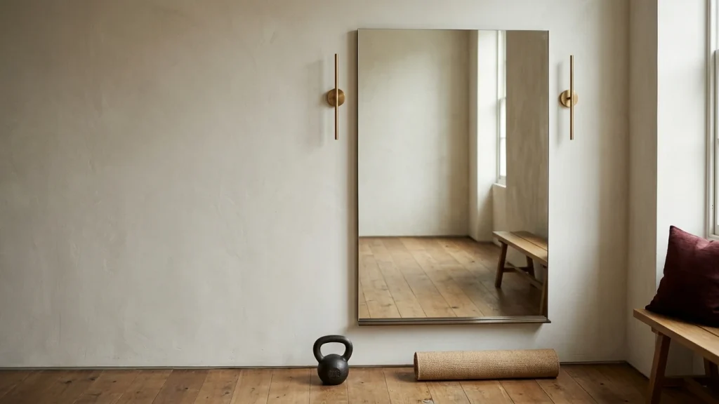 Large frameless gym mirror wall on bone plaster, flanked by two slim brass sconces at face height, with a kettlebell and rolled mat below