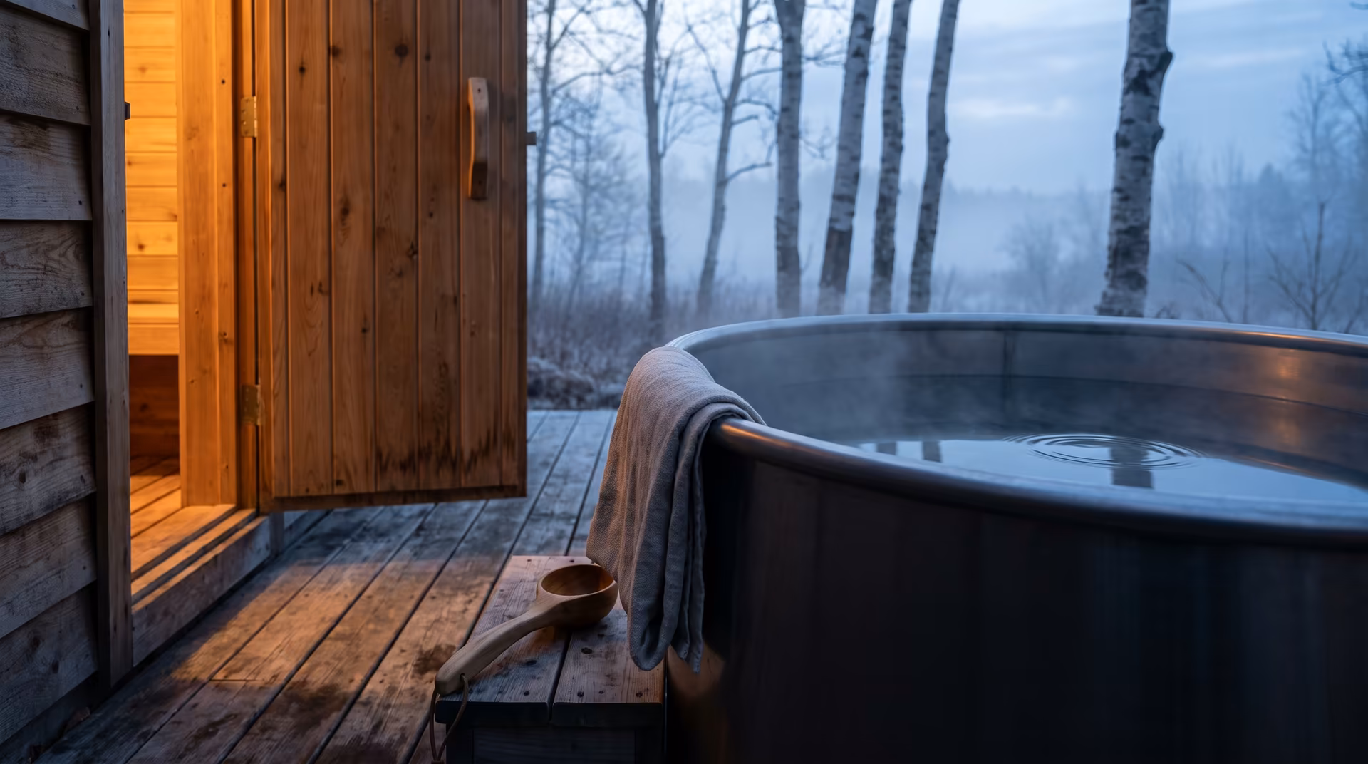 Open sauna door next to a dark round cold plunge tub on a wooden deck, bare birch trees in winter mist behind