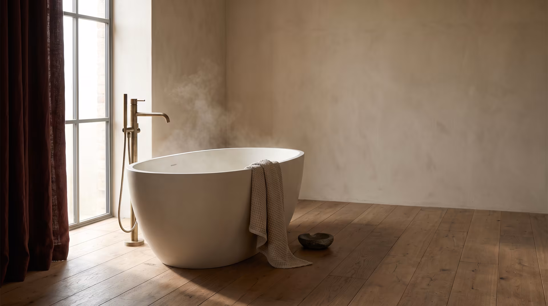 Freestanding oval soaking tub steaming beside a tall window, with a brass floor-mounted filler and wide oak boards