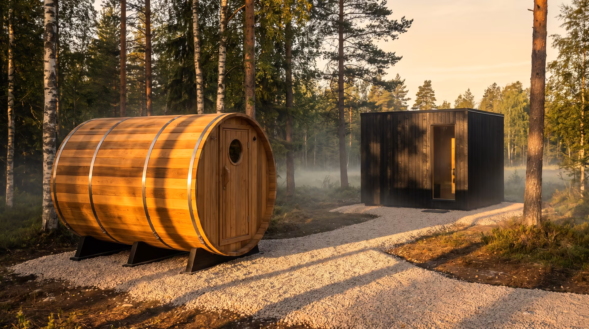 A cedar barrel sauna and a black timber cabin sauna side by side on a gravel path in a pine forest at sunrise