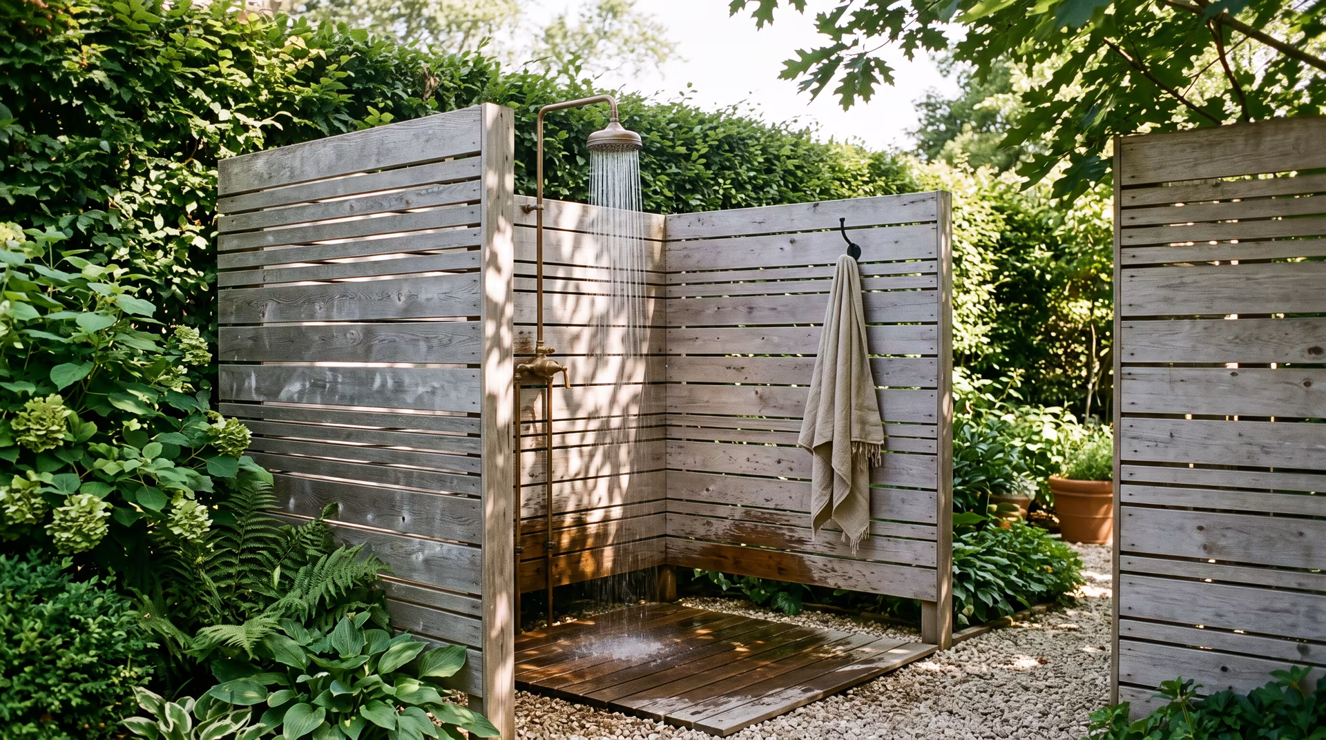 Outdoor shower screened by weathered grey slat panels, brass rain head running, a linen towel on a hook, ferns and hostas around it