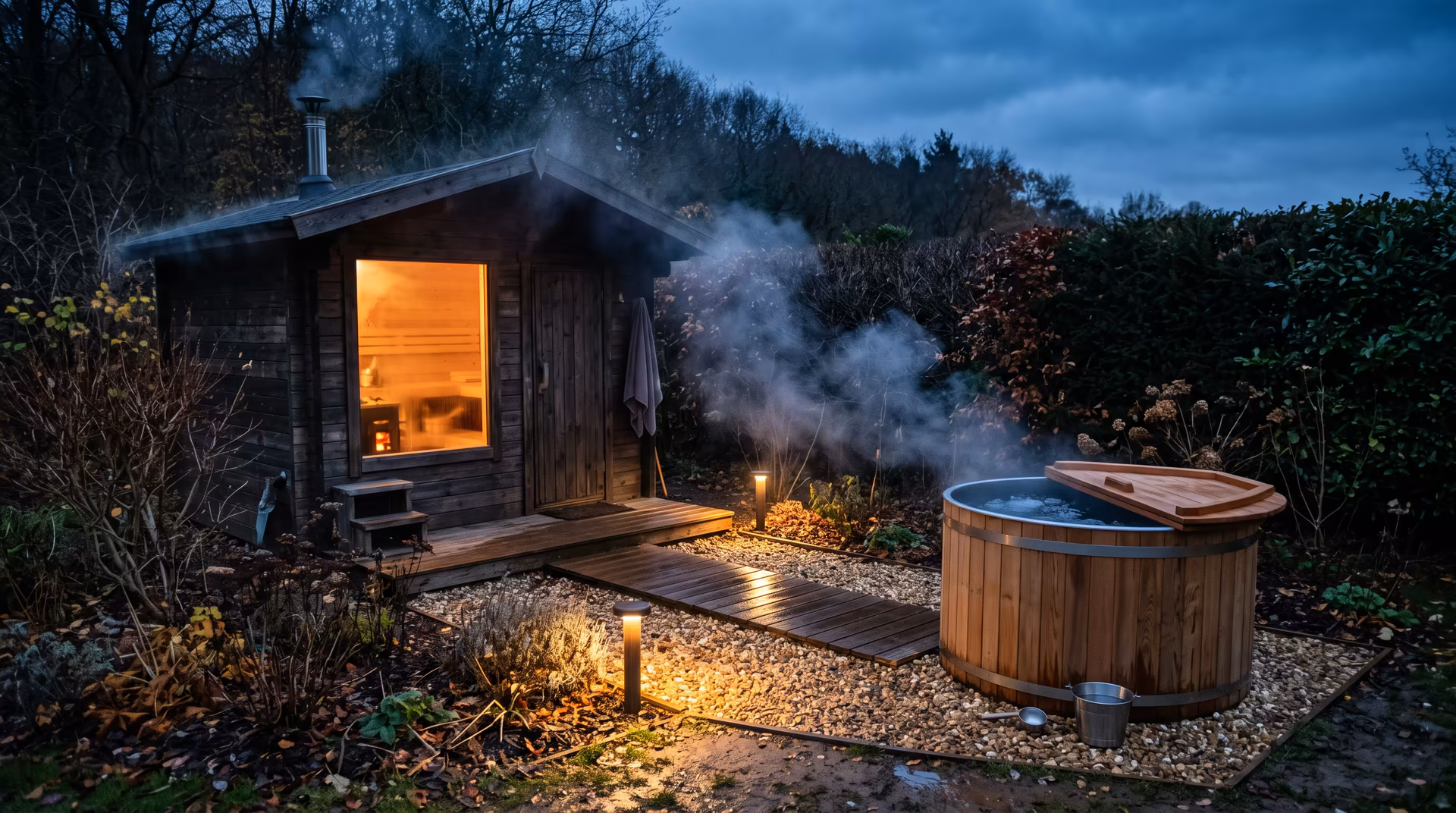 Lit sauna cabin and a steaming cedar hot tub in a garden at dusk, with a lantern-lit gravel path between them