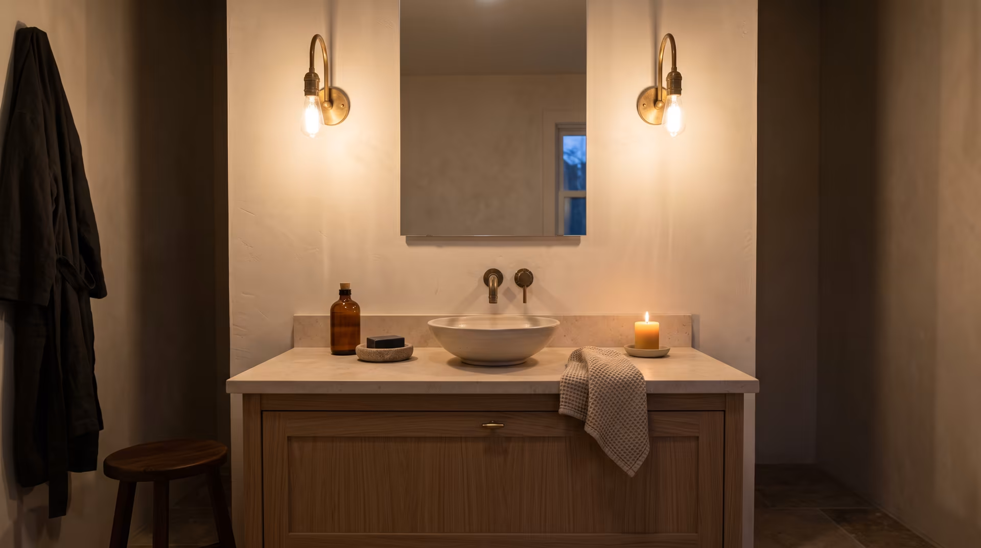 Spa-style bathroom vanity with two brass wall lights, a stone basin, a lit candle and a folded linen towel below a large mirror