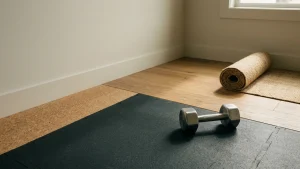 Home gym flooring detail where charcoal rubber tile, warm oak plank and natural cork meet, with a steel dumbbell resting on the rubber
