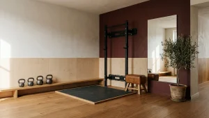 Home gym with a matte black wall-mounted rack on an oxblood accent wall, birch plywood panelling, cast-iron kettlebells and a large frameless mirror