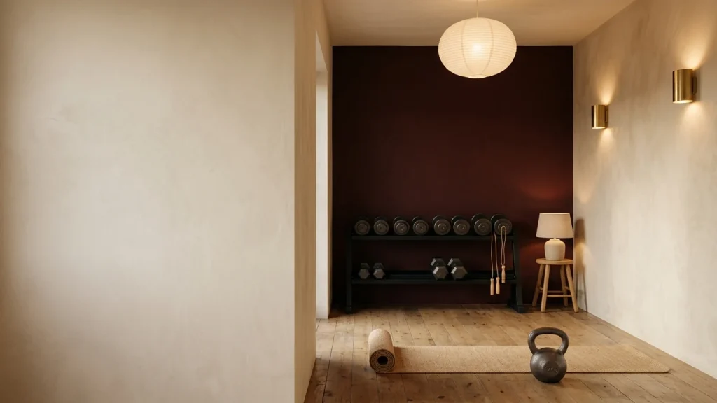 Home gym lit in the evening by a diffused ceiling fitting, two brass wall sconces and a low table lamp, with a deep oxblood accent wall