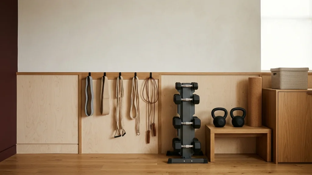 Home gym storage wall with straps and a jump rope on an oak rail, a vertical dumbbell tower, kettlebells on a bench and a closed oak cabinet