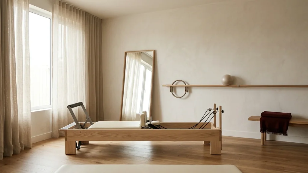 Home pilates room with a pale ash reformer parallel to a curtained window, a leaning full-length mirror and a magic circle on a wall rail