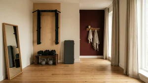 Small home gym in a spare bedroom with a wall-mounted folding rack on plywood, adjustable dumbbells, kettlebells and a clear oak floor